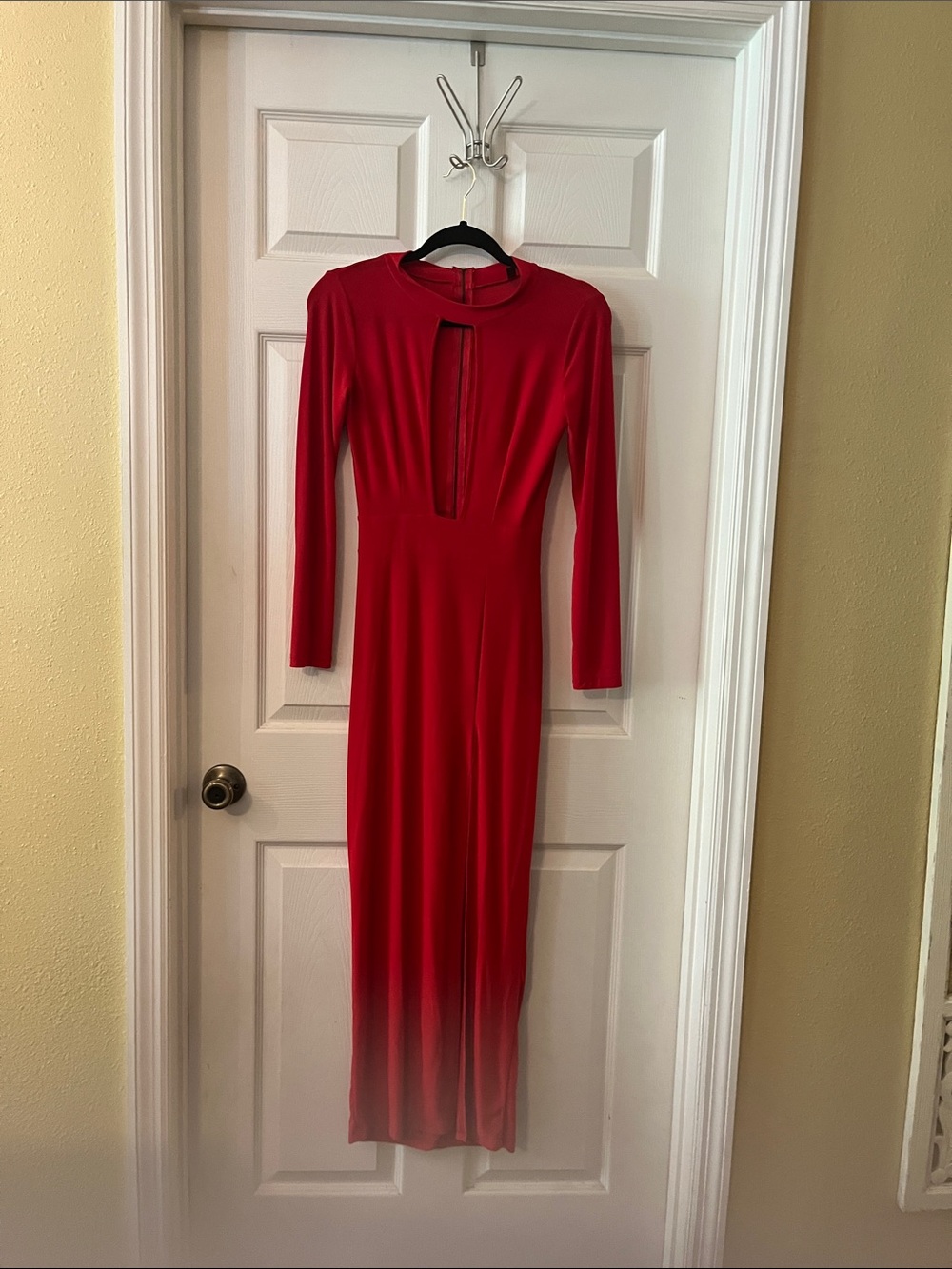 Red Long-Sleeve Maxi Dress with Front Keyhole